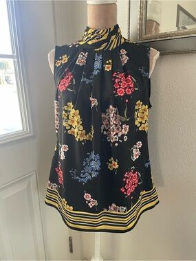 7th Avenue, NY & Company, Floral Print Black Sleeveless Blouse with High Neck, M